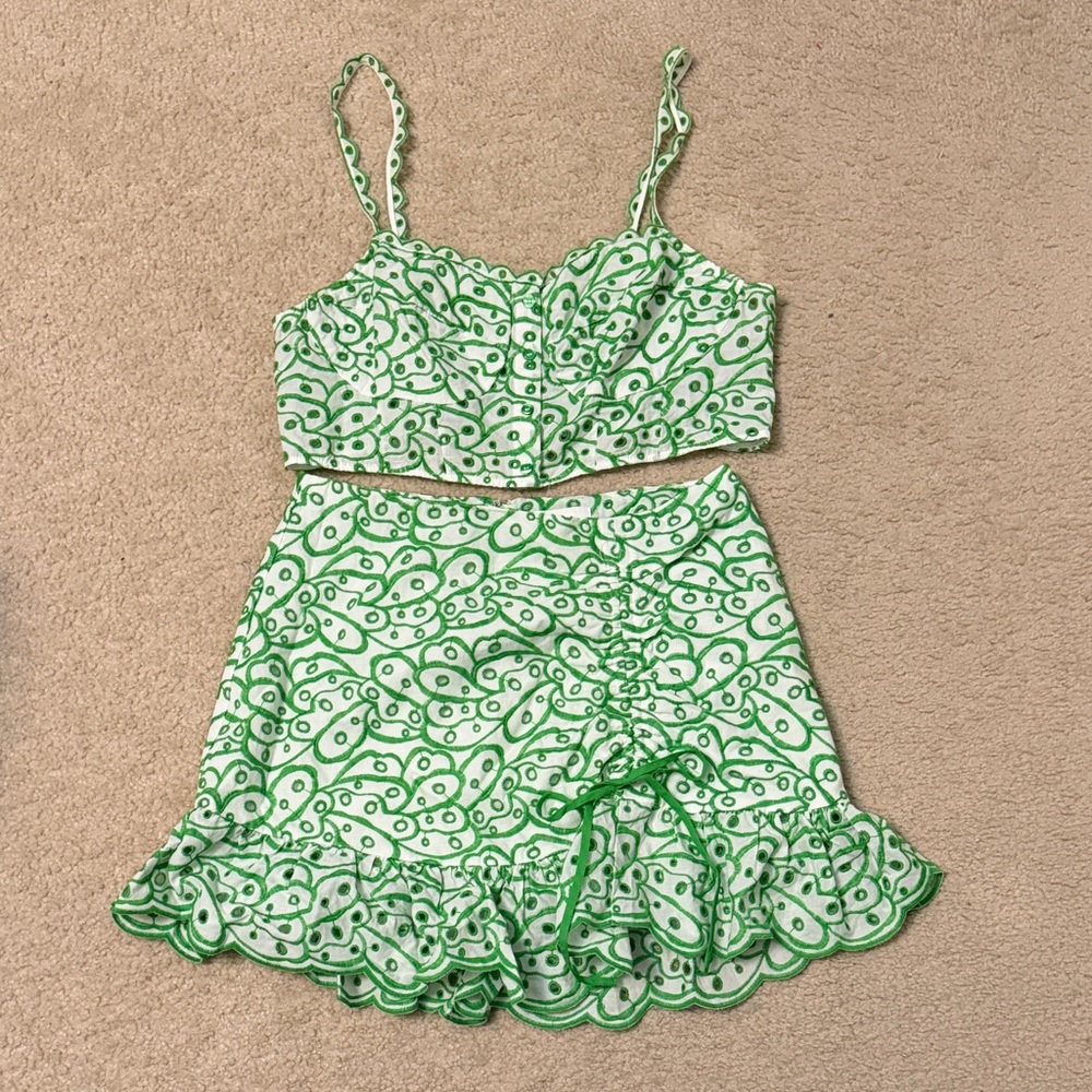 H&M White and Green Floral Eyelet Two-Piece Set